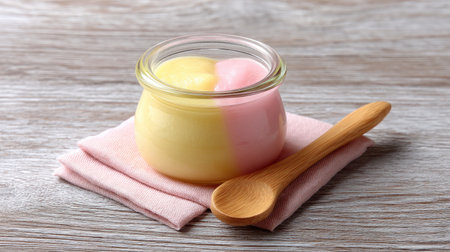 Delight in a visually appealing dessert presented in a glass jar. The creamy treat features pastel pink and yellow layers, complemented by a wooden spoon and soft textile, creating a cozy and inviting atmosphere perfect for any sweet occasion.の素材