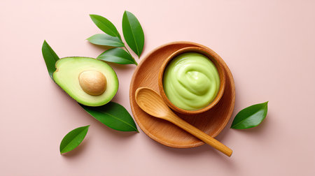 A vibrant and appealing image of fresh avocado cream in a wooden bowl, accompanied by sliced avocado and green leaves, set against a soft pink backdrop.の素材