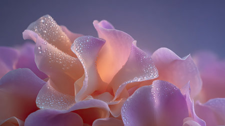 This stunning close-up image showcases soft pink rose petals adorned with delicate dew drops, set against a dreamy background. Perfect for evoking beauty and romance.の素材