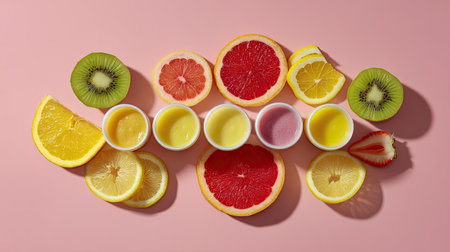 This stunning image showcases an arrangement of fresh fruit slices alongside colorful fruit sauces. Perfect for healthy eating concepts or culinary presentations.の素材