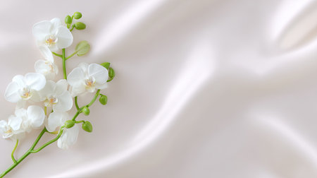 A stunning composition featuring elegant white orchid blooms against a soft satin background, exuding tranquility and beauty, ideal for floral arrangements.の素材