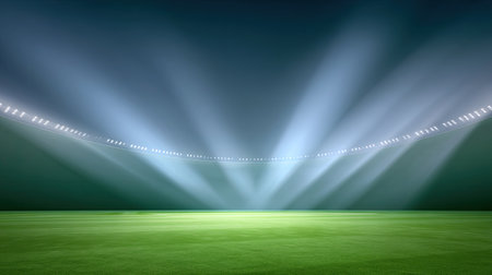 A captivating view of a sports field illuminated by bright lights, showcasing a vibrant grass surface under dramatic night skies, perfect for events.の素材