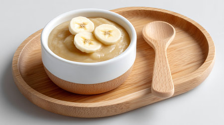 A visually appealing image of creamy banana puree served in a white bowl, garnished with fresh banana slices on a wooden bamboo tray, perfect for healthy meals.の素材