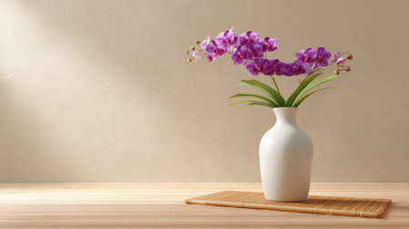 A captivating arrangement of vibrant purple orchids in a sleek white vase, placed on a wooden table, bathed in gentle natural light, creating a serene atmosphere.の素材