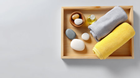 A beautifully arranged wooden tray featuring soft gray and yellow towels, natural stones, a bar of soap, and essential oil, creating a serene spa atmosphere.の素材