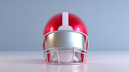 A striking bright red football helmet with a glossy finish, positioned against a simple background. Ideal for sports-related projects, promotional materials, or athletic themes.の素材