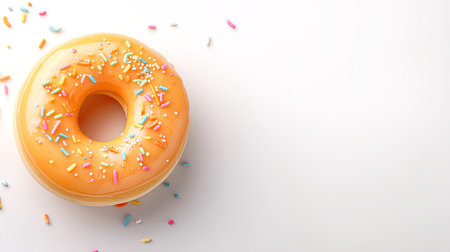 This image features a glossy glazed donut topped with vibrant sprinkles, set against a minimalist background, perfect for food blogs or culinary projects.の素材