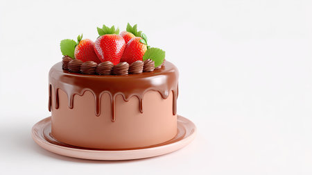 A mouthwatering chocolate cake topped with luscious strawberries and mint leaves, elegantly drizzled with chocolate. Perfect for any celebration or gathering.の素材