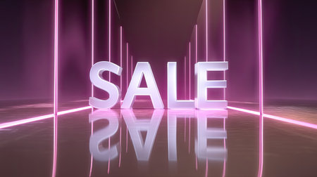 A vibrant neon sale sign illuminated with bright colors reflects on a sleek surface, creating an eye-catching promotional display perfect for marketing campaigns.の素材