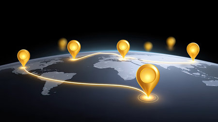 This image illustrates a digital representation of a globe with golden location pins connected by luminous lines, symbolizing global connections and travel routes.の素材