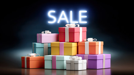 A vibrant collection of colorful gift boxes stacked together, enhanced by a bright neon sale sign, perfect for seasonal promotions and advertising strategies.の素材