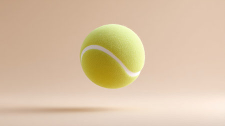 This image showcases a bright yellow tennis ball in mid-air against a soft tan backdrop, highlighting its texture and making it a perfect representation of sports and recreation.の素材