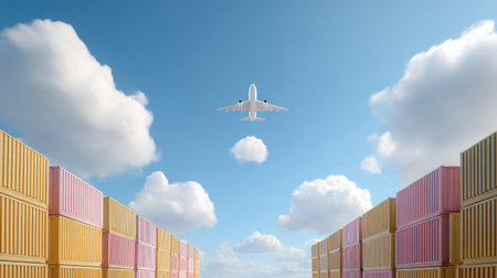 An airplane soaring above vibrant shipping containers against a clear blue sky filled with clouds, representing global trade and logistics operations.の素材