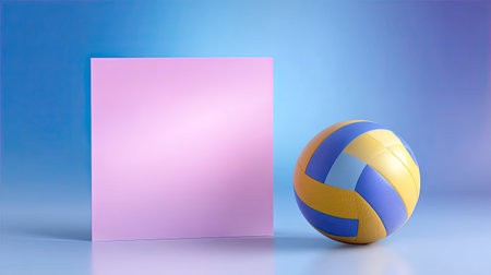 This image features a colorful volleyball next to a pastel square on a soft gradient background, perfect for illustrating sports concepts and creative designs.の素材