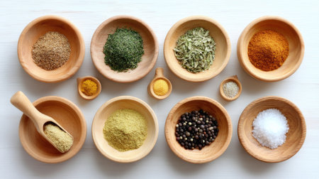 Discover an appealing array of spices and herbs displayed in wooden bowls, perfect for cooking inspiration, culinary arts, and natural flavors.の素材