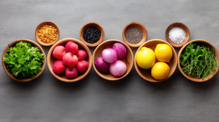 A beautiful arrangement of fresh fruits, vegetables, and herbs in wooden bowls on a gray background, perfect for cooking inspiration and healthy meal preparation.の素材