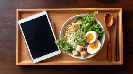 A beautifully arranged Asian noodle bowl featuring fresh ingredients and eggs, paired with a tablet on a wooden tray, perfect for modern dining scenes.の素材