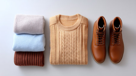 This image features a stylish arrangement of cozy knit sweaters in soft colors alongside brown leather boots, perfect for fall fashion inspiration.の素材