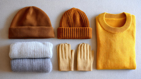 This image showcases a stylish arrangement of cozy knitted winter accessories including hats, gloves, and a sweater, emphasizing comfort and color harmony.の素材