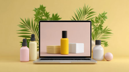 A vibrant workspace featuring a laptop displaying skincare products alongside colorful containers and lush tropical leaves, ideal for beauty and wellness marketing.の素材