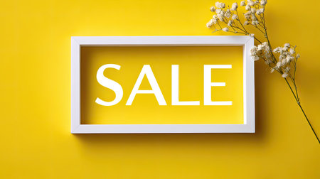 A vibrant yellow background featuring a white framed "SALE" sign complemented by a delicate floral accent. Perfect for marketing and advertising.の素材
