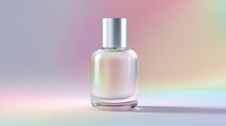 Beautiful clear glass perfume bottle sits gracefully against a gradient background, showcasing elegance and modern design ideal for beauty and fragrance themes.の素材