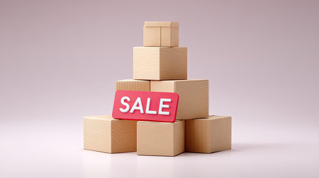 Capture the essence of retail discounts with this stack of wooden boxes featuring a vibrant sale tag, perfect for e-commerce advertising and promotions.の素材