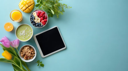 This image showcases a vibrant breakfast spread featuring fresh fruits, a smoothie, granola, and a digital tablet, all arranged beautifully on a blue background.の素材