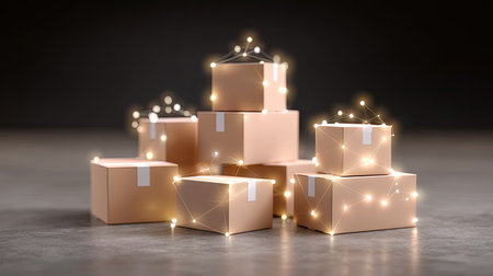 A stunning display of brown cardboard boxes embellished with glowing lights, set against a dark background, ideal for innovative packaging solutions and promotional materials.の素材