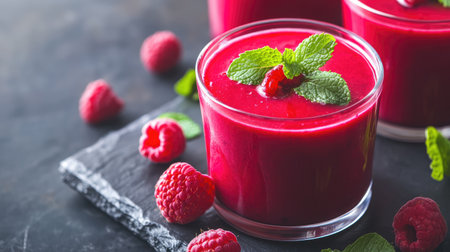 Discover a vibrant raspberry smoothie in clear glasses, garnished with mint leaves. This refreshing drink is perfect for a healthy lifestyle and delightful presentation.の素材