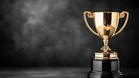 A shining golden trophy set against a dark background, symbolizing achievement and success. Perfect for use in motivational and celebration themes.の素材