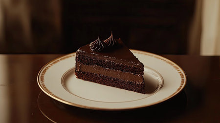 A rich slice of chocolate cake sits elegantly on a plate, showcasing layers and creamy frosting. Perfect for dessert lovers seeking indulgence.の素材