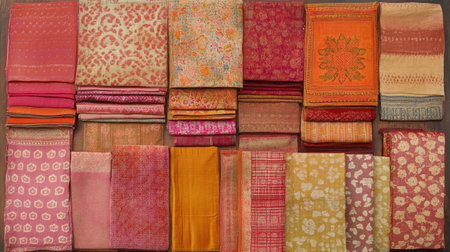 A vibrant collection of colorful fabric textiles arranged neatly, showcasing various patterns and textures ideal for crafting, quilting, and home decor projects.の素材