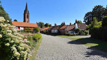 A picturesque village street features a charming cobblestone path, blooming flowers, and a striking church steeple against a clear blue sky. Perfect for travel inspiration.の素材