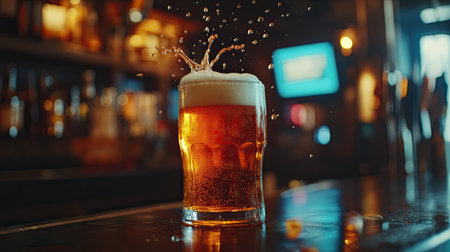 A frothy glass of beer with a splash on a bar top, showcasing the refreshing beverage in a lively pub atmosphere. Perfect for social and celebration themes.の素材