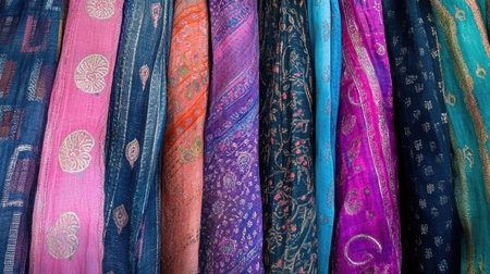 A vibrant collection of colorful textiles showcasing intricate patterns and textures, perfect for use in design, decoration, or fashion projects.の素材