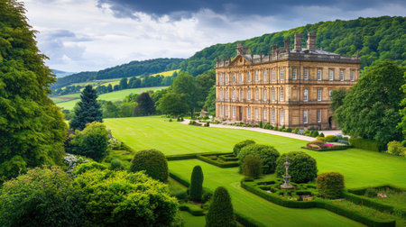 A stunning view of an elegant mansion surrounded by vibrant greenery and scenic hills. The tranquil setting offers a perfect escape into nature.の素材