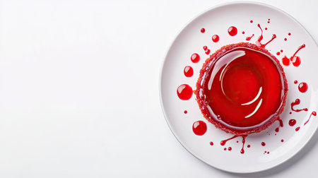 A stunning top view of vibrant red gelatin on a white plate, accentuated by colorful splashes, perfect for dessert inspiration or culinary presentations.の素材
