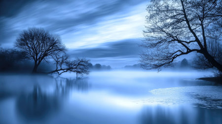 A serene blue landscape featuring misty water reflections and silhouetted trees. This tranquil scene evokes a sense of calm and peacefulness amidst nature.の素材