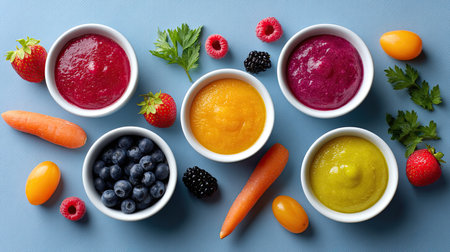 This vibrant arrangement features bowls of pureed fruits and vegetables, showcasing healthy blends in rich colors on a blue background, perfect for culinary inspiration.の素材