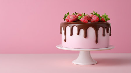 A beautifully crafted chocolate strawberry cake showcases a smooth pink icing and is topped with fresh strawberries, perfect for celebrations and events.の素材