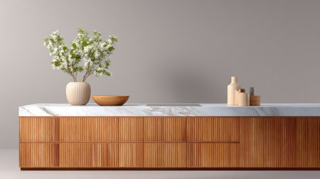 This image showcases a sleek modern kitchen scene featuring a wooden cabinet, a white marble surface, and elegant greenery, perfect for contemporary home decor inspiration.の素材