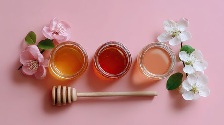 A stunning arrangement featuring three jars of honey with delicate flowers on a soft pink background, ideal for showcasing natural and gourmet themes.の素材