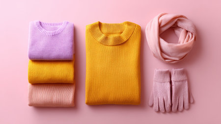 An artistic arrangement of cozy and colorful winter apparel on a soft pastel background featuring sweaters, a scarf, and gloves for fashion inspiration.の素材