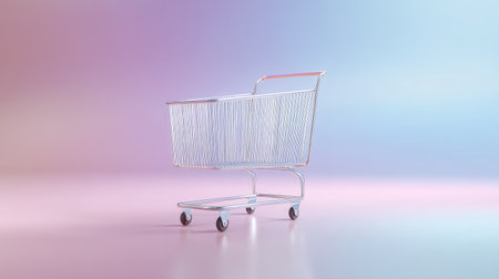 This image features a minimalist shopping cart set against a soft gradient background, making it ideal for e-commerce websites and retail promotions.の素材