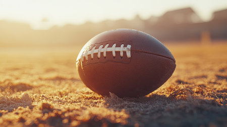 A close-up shot of a leather football resting on a sandy field during a vibrant sunset. The warm light enhances the rich texture and atmosphere of the scene.の素材