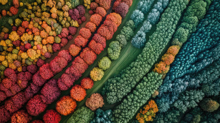 A stunning aerial view of a vibrant autumn forest showcasing a rich tapestry of colors from trees in various shades of red, orange, and yellow, highlighting nature's beauty.の素材