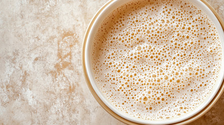 A close-up of creamy foam in a bowl on a textured surface, perfect for showcasing freshness and indulgence in culinary photography. Great for food and beverage themes.の素材