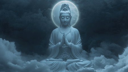 A serene Buddha statue radiating tranquility amidst ethereal clouds. Perfect for themes of spirituality, meditation, and inner peace. Ideal for artistic projects.の素材