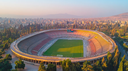 Captivating aerial view of an urban stadium at sunset, showcasing its architectural design and surrounding landscape. Ideal for sports and travel themes.の素材